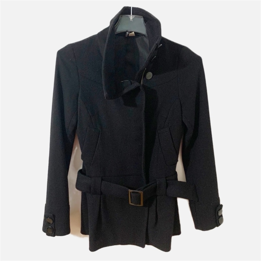 Divided by H&M Wool Blend High Collar Drop Waist  Front Zip Belted Winter Coat